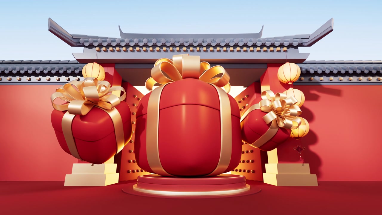 詳情圖-禮盒以中國古建筑為背景，3d渲染。