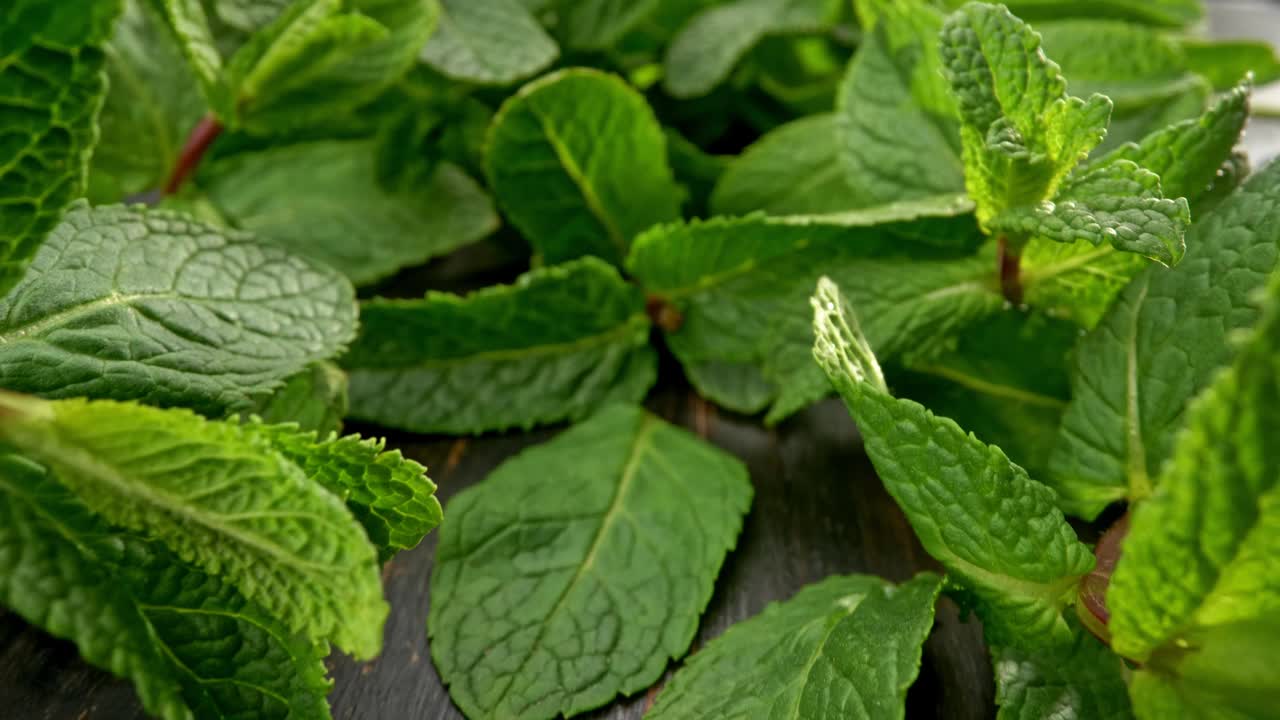 新鮮薄荷葉?；瑒犹结槾┻^木制背景上的綠薄荷枝。4 k, UHD