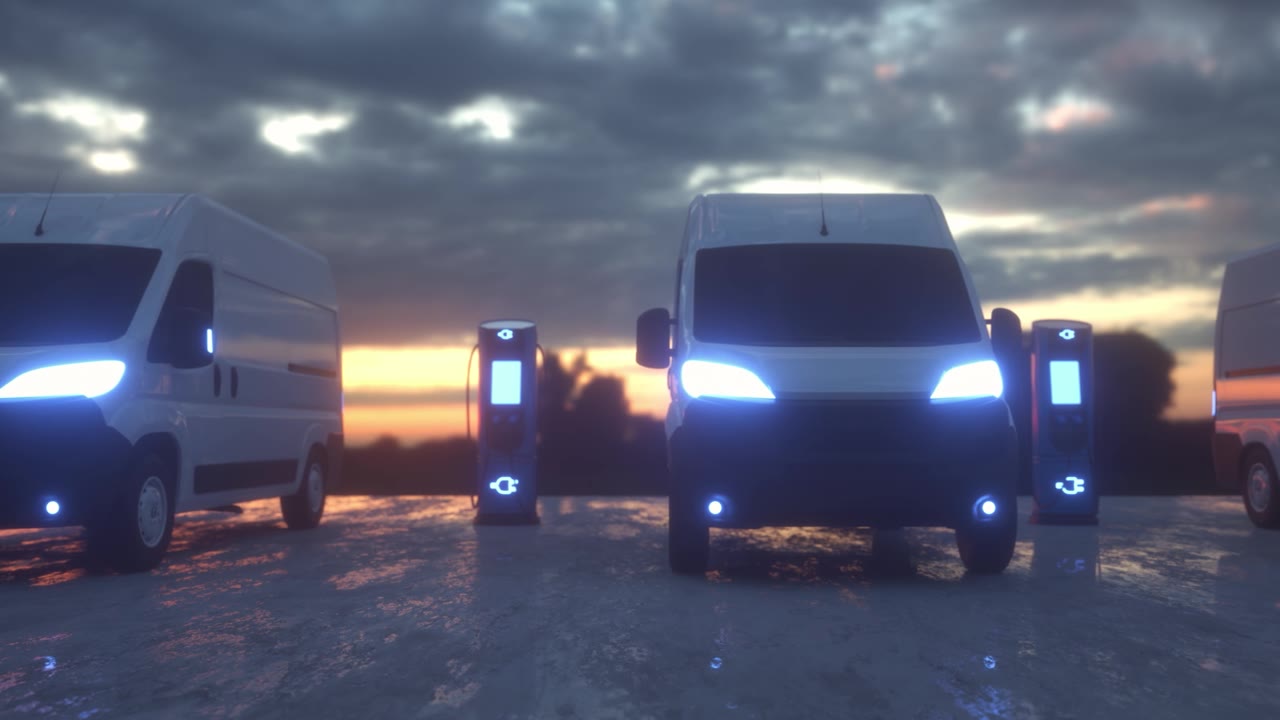 詳情圖-在充電站充電的電動汽車。現(xiàn)代電動貨車在充電站充電