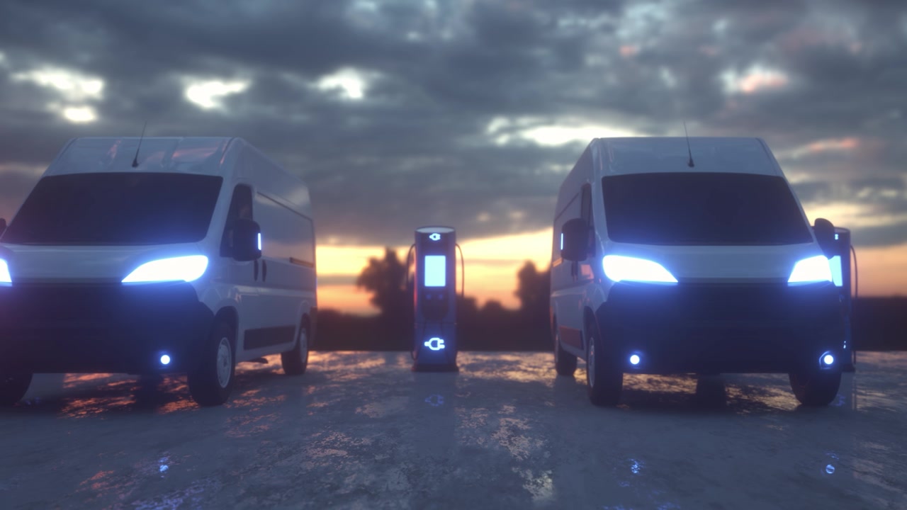 詳情圖-在充電站充電的電動汽車?，F(xiàn)代電動貨車在充電站充電