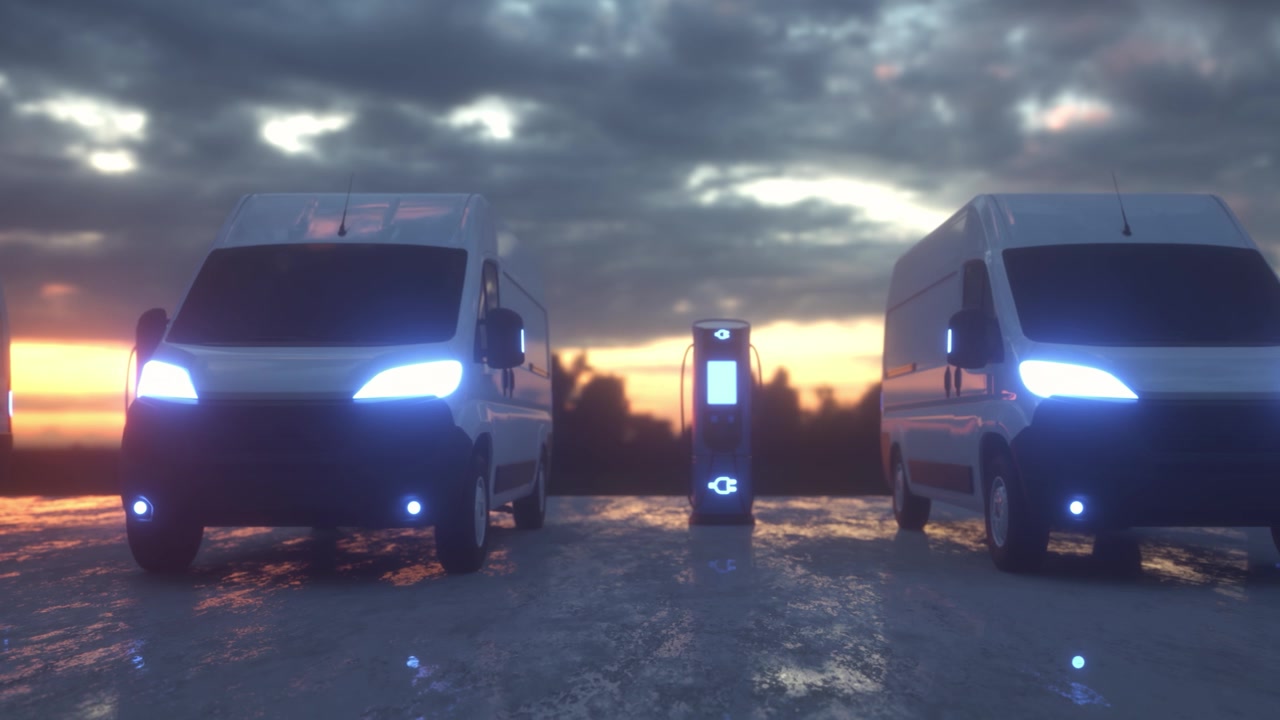 詳情圖-在充電站充電的電動汽車。現(xiàn)代電動貨車在充電站充電