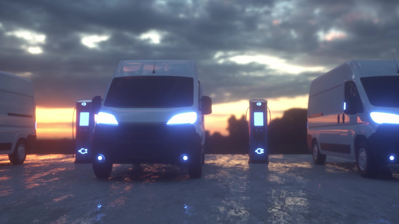 詳情圖-在充電站充電的電動汽車?，F(xiàn)代電動貨車在充電站充電