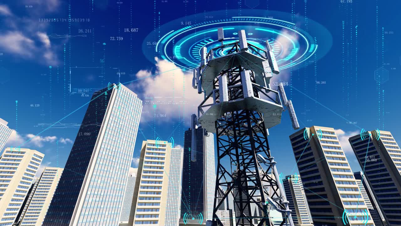 详情图-5G无线网络通信基站和信号塔。