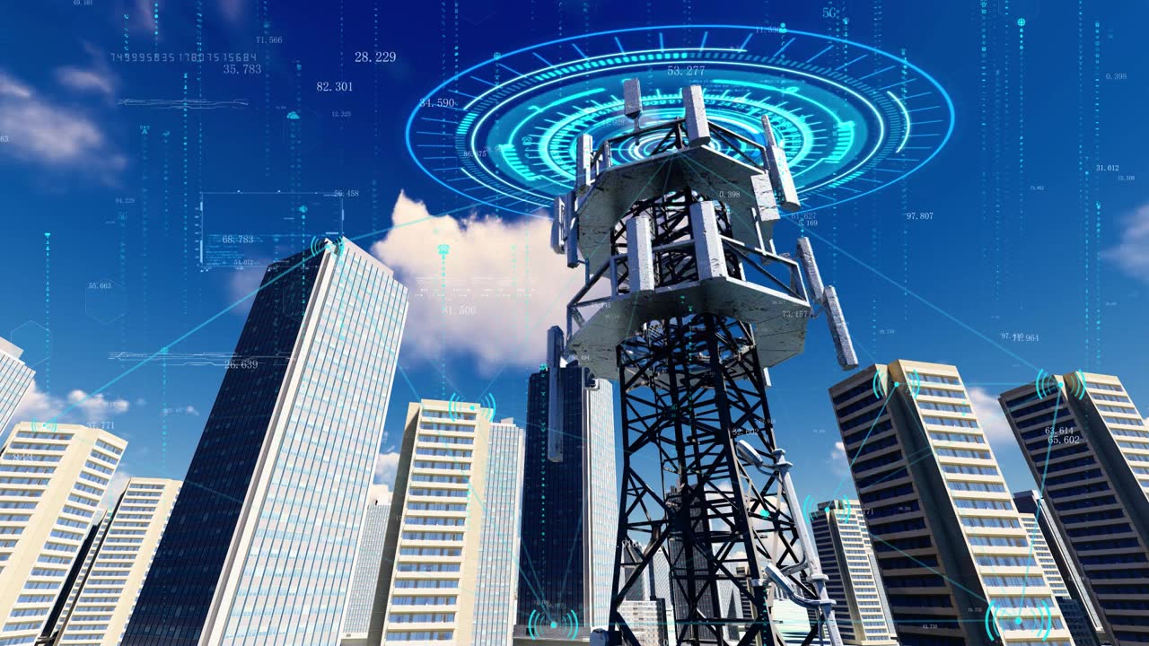 详情图-5G无线网络通信基站和信号塔。