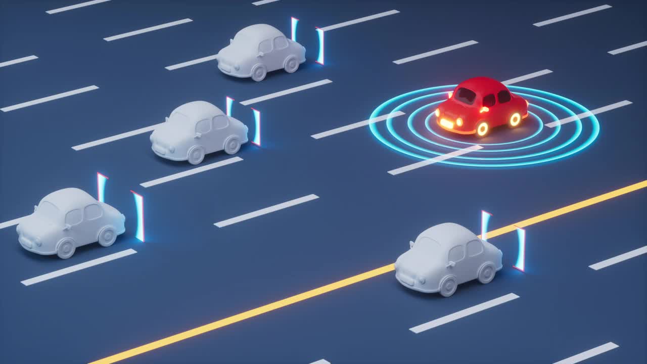 自动驾驶汽车在高速公路上行驶，自动驾驶仪和传感系统，3d渲染。