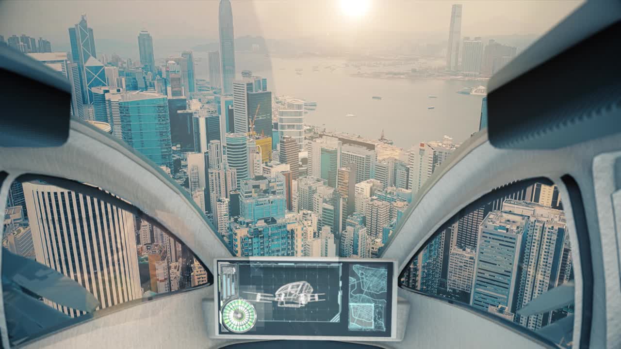 駕駛艙夜景視圖。出租車無人機拍攝的香港城市夜景。