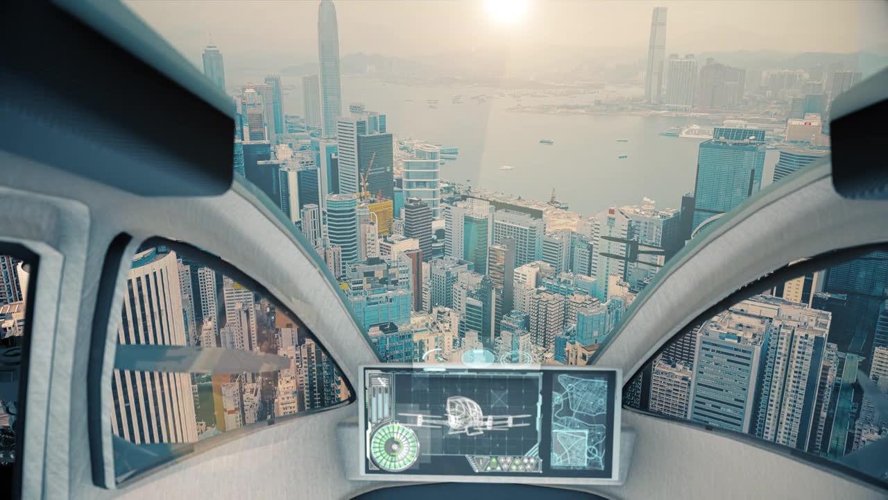 詳情圖-駕駛艙夜景視圖。出租車無人機拍攝的香港城市夜景。