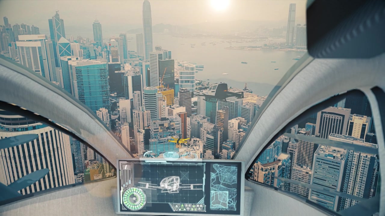詳情圖-駕駛艙夜景視圖。出租車無人機拍攝的香港城市夜景。