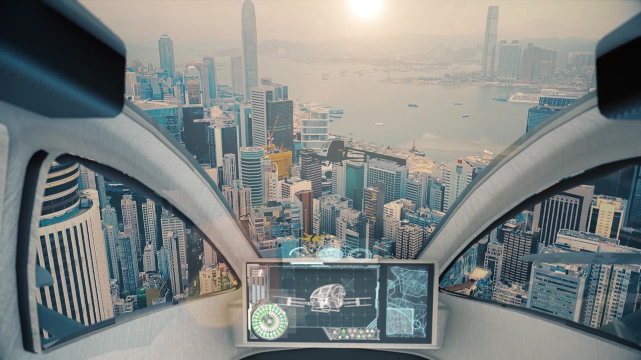詳情圖-駕駛艙夜景視圖。出租車無人機拍攝的香港城市夜景。