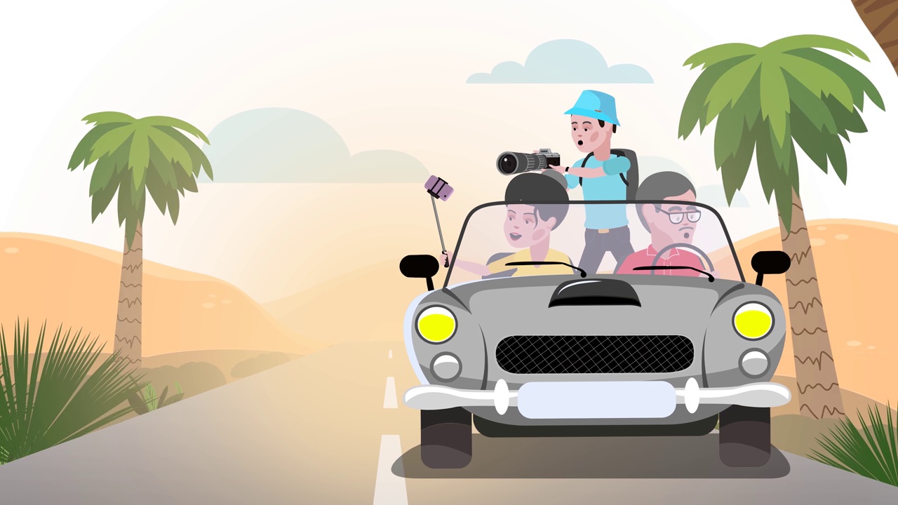 一家人在旅行。暑假。开车旅行。颜色背景。
