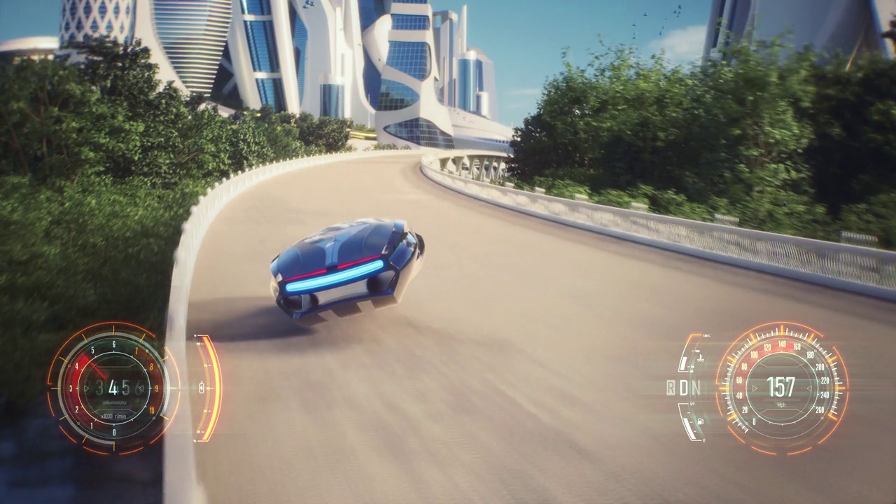 詳情圖-4K，假的3D視頻游戲。烏托邦城市賽車假游戲與HUD。