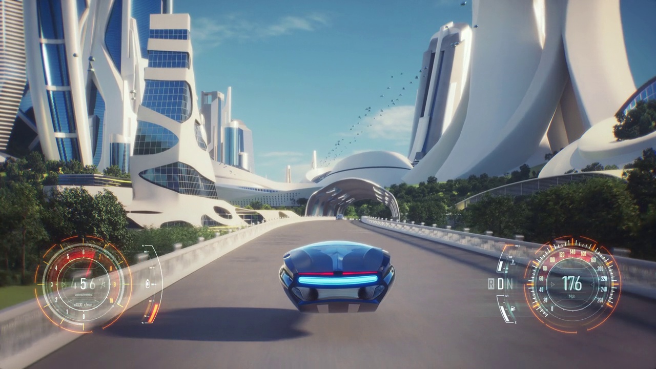 詳情圖-4K，假的3D視頻游戲。烏托邦城市賽車假游戲與HUD。