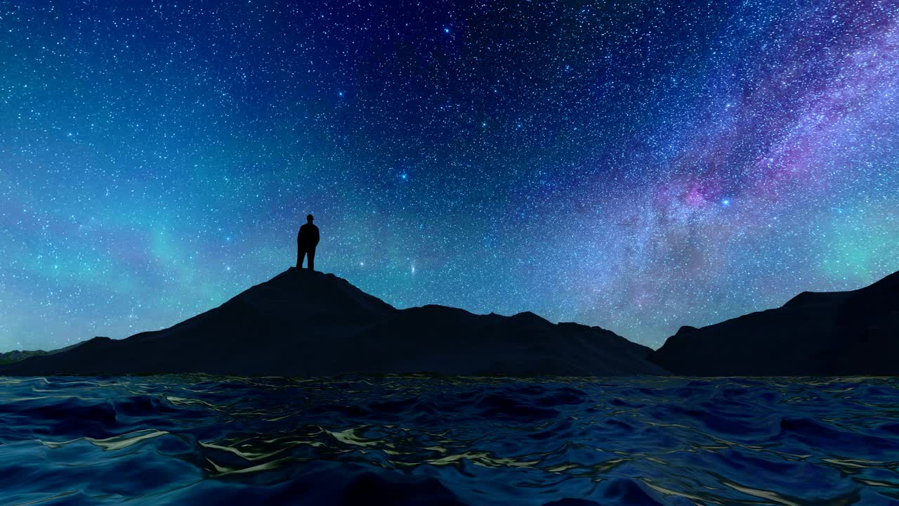 一个人在山顶仰望星空的剪影