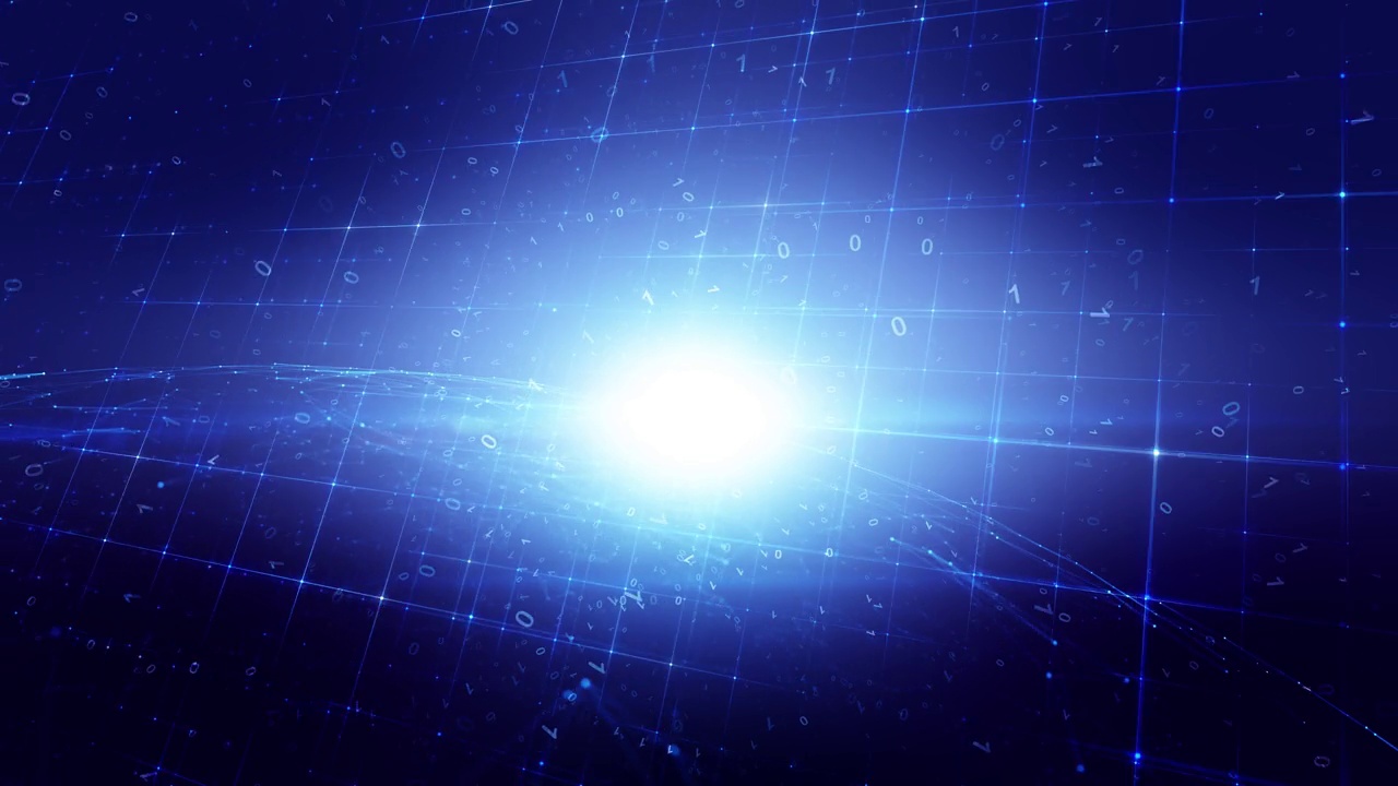 旋转的网络球体与闪亮的星光和二进制数动画。