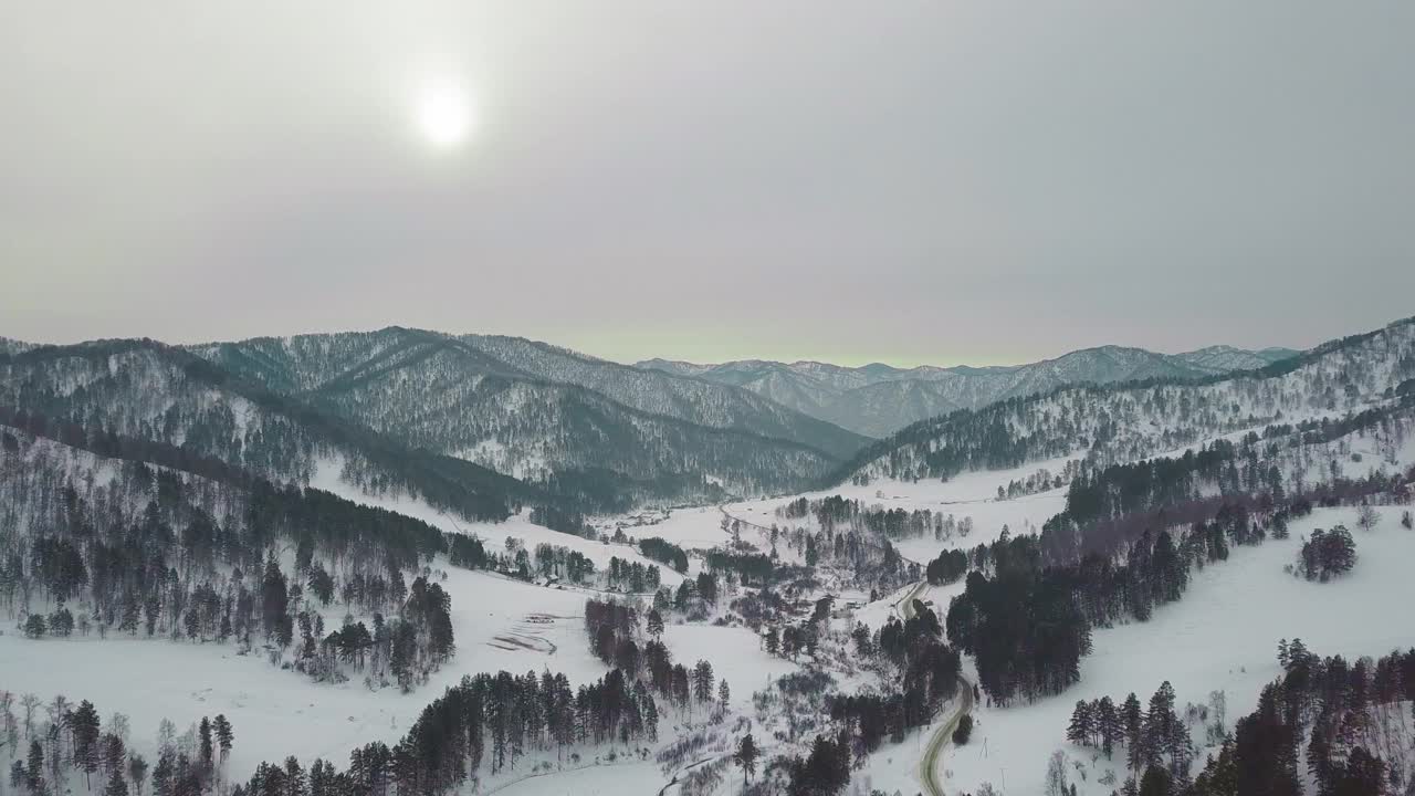 森林山与针叶树覆盖着雪