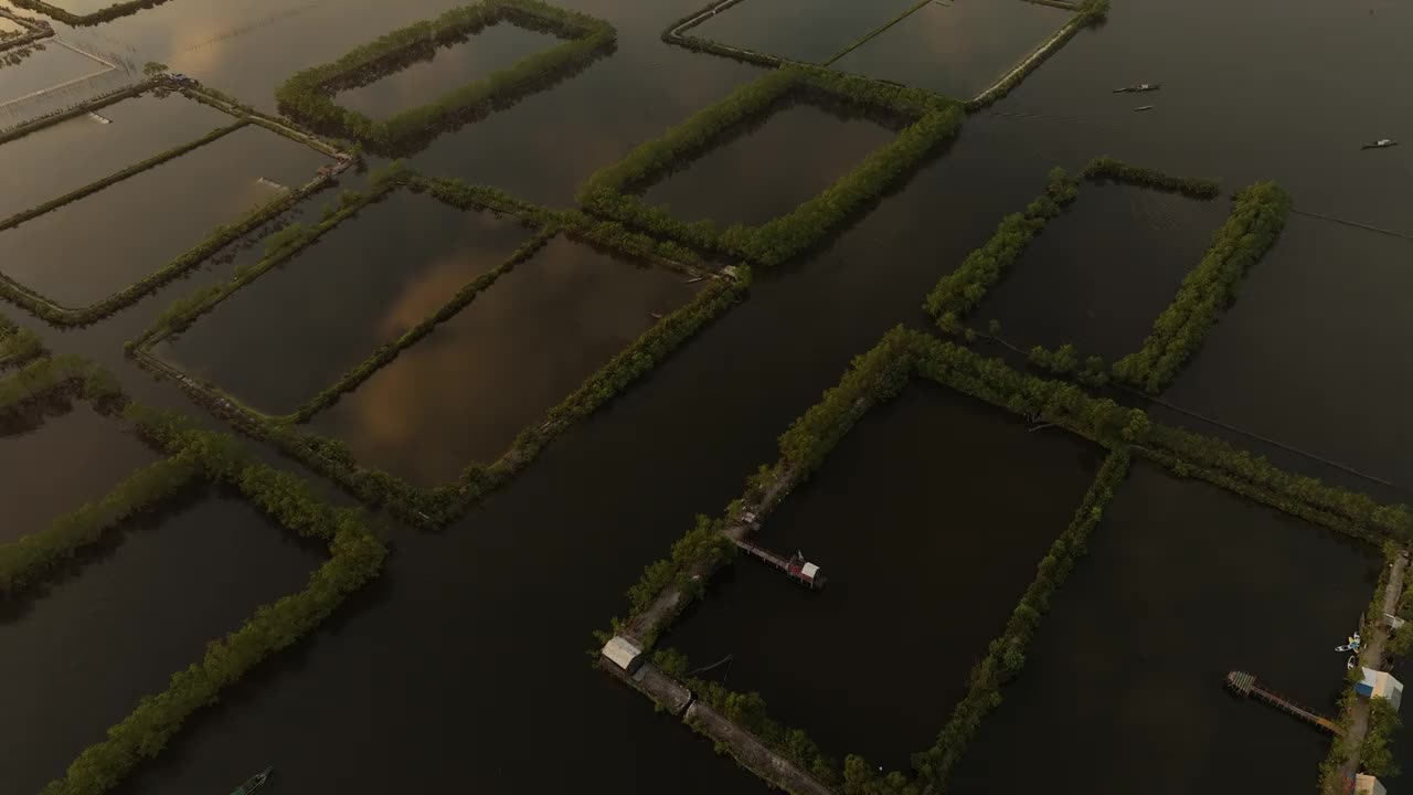 航拍视频显示，顺化省谭江泻湖上有大量养虾池塘