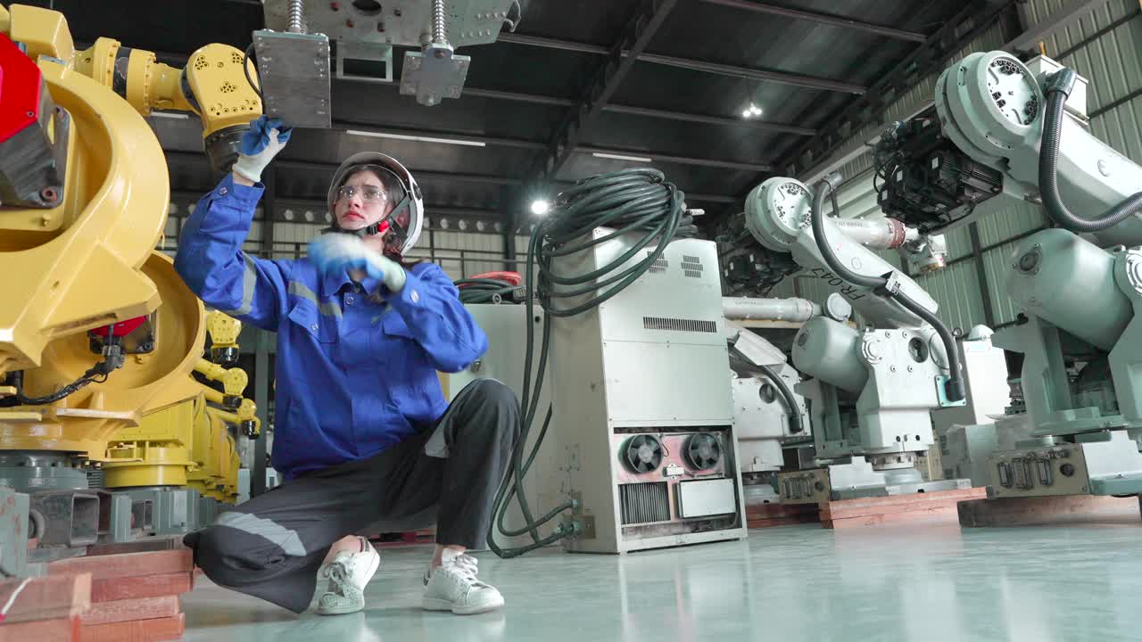 工业工厂的安全。工伤事故。生产线工人在工作时发生事故或昏倒，在工厂检查机械臂的工作系统，同事过来帮她急救。