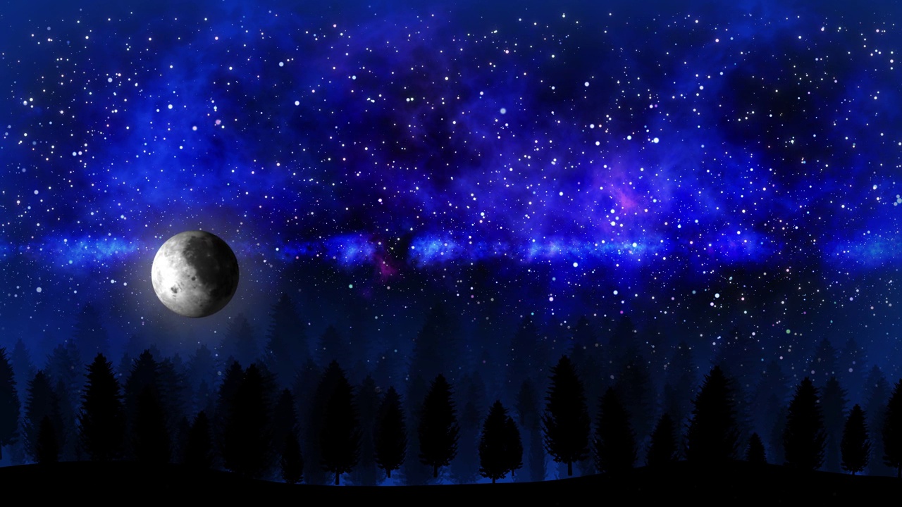 树和发光的星星闪烁动画在夜晚与月亮。月亮升起森林观看动画视频与闪烁的星星，星空在夜晚，星星的背景在夜晚被美丽的树木包围