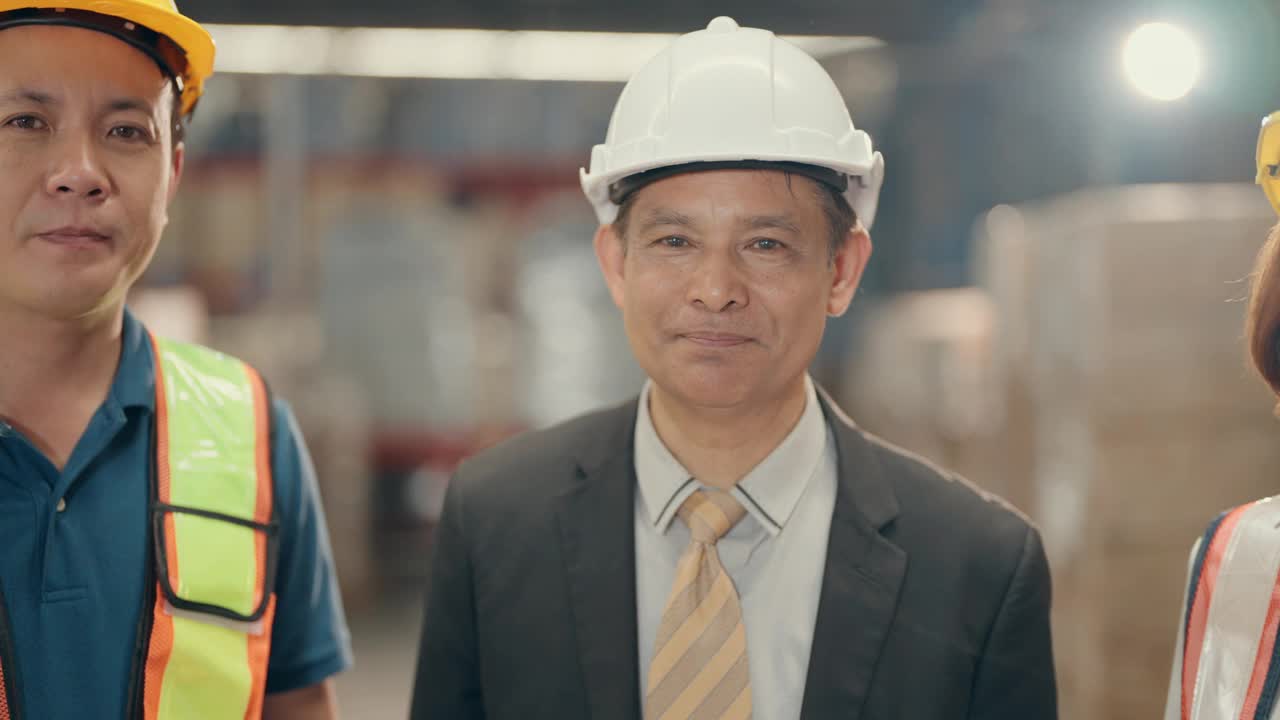 多元仓工微笑自信——物流业的高效团队与团结。