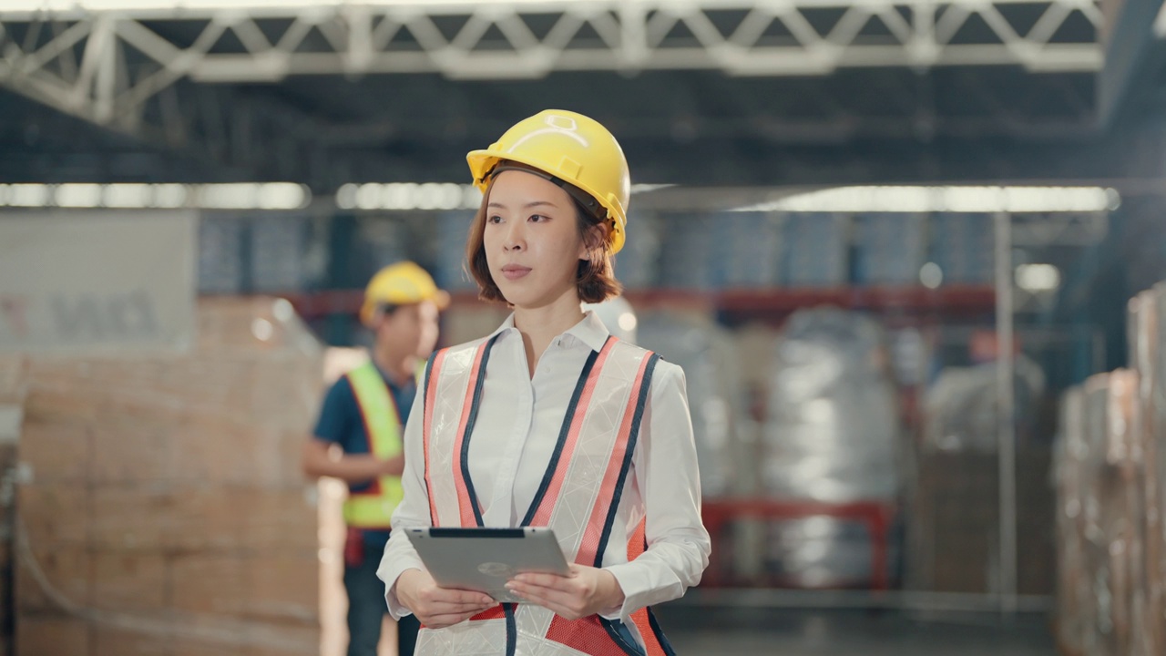 积极的亚洲女性在仓库的肖像:赋予行业多样性