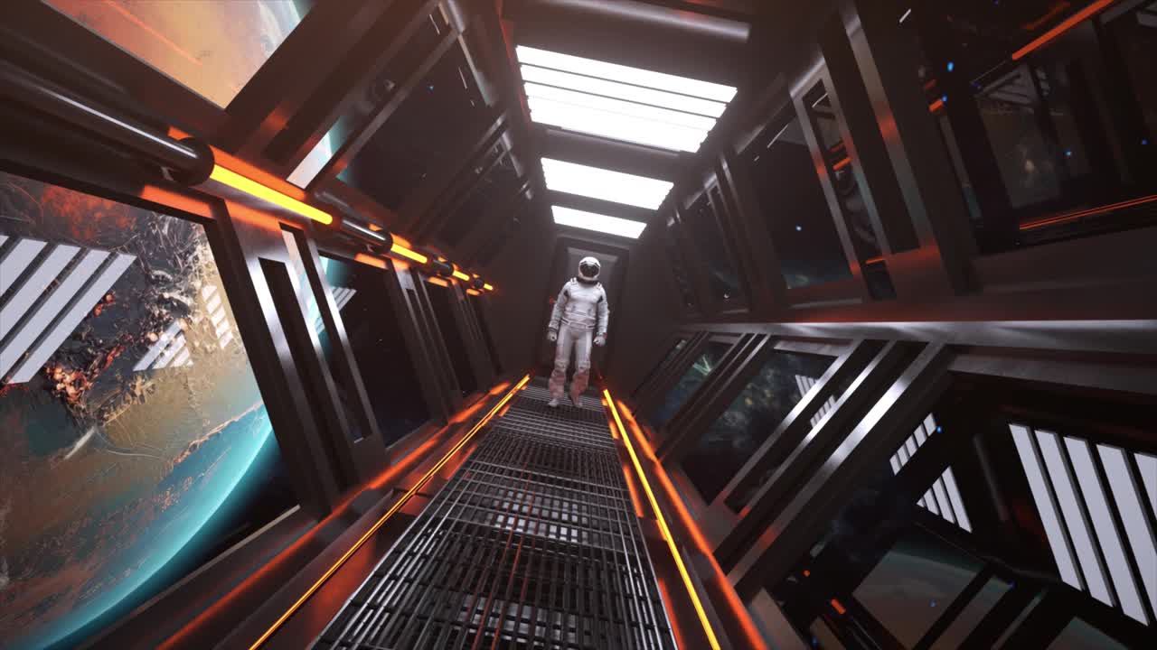 宇航員在宇宙飛船的隧道中行走?？苹玫奈磥砜臻g走廊。火星軌道。霓虹燈。3 d動(dòng)畫。