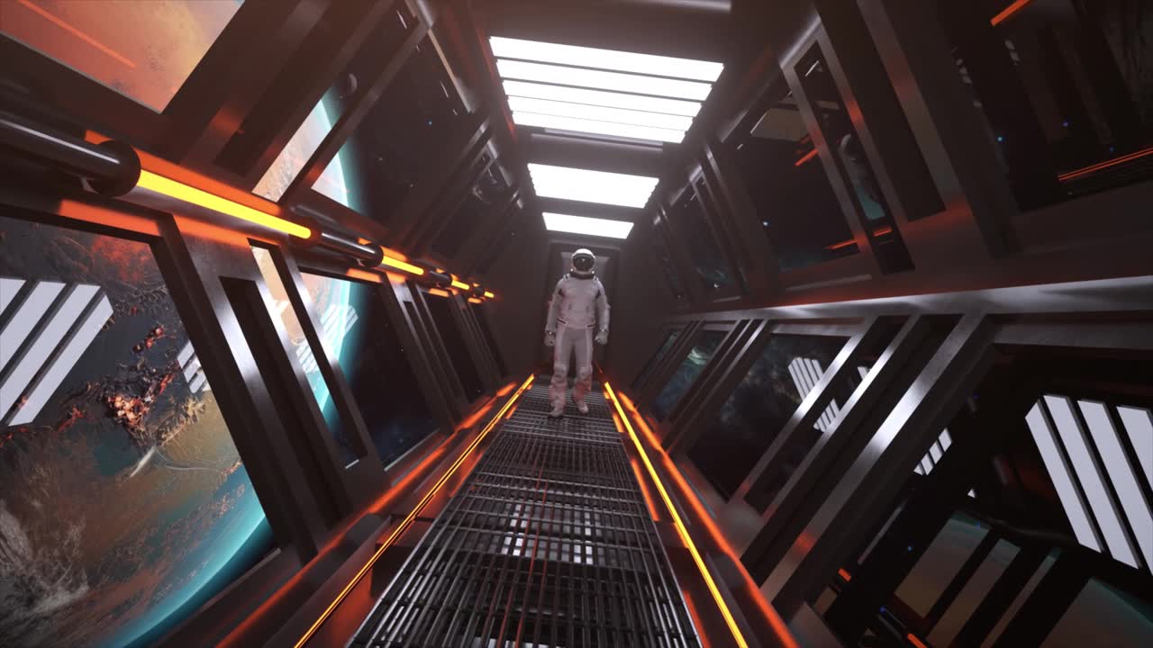 详情图-宇航员在宇宙飞船的隧道中行走。科幻的未来空间走廊。火星轨道。霓虹灯。3,d动画。