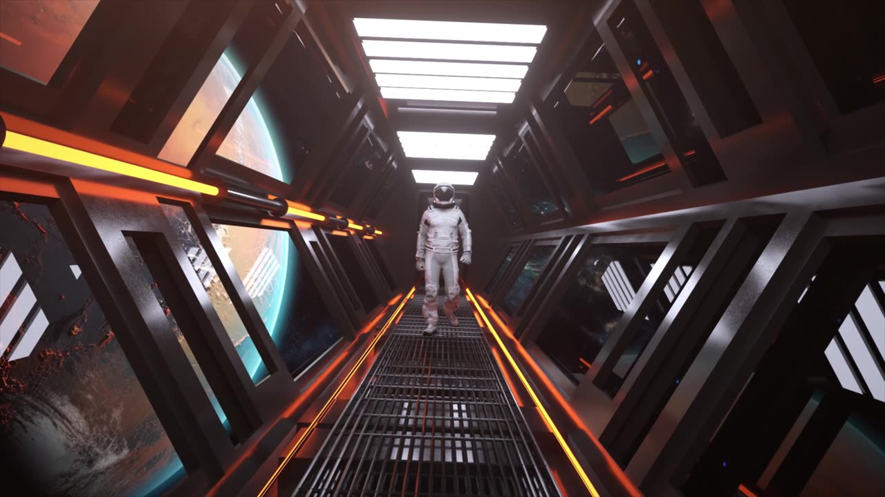 详情图-宇航员在宇宙飞船的隧道中行走。科幻的未来空间走廊。火星轨道。霓虹灯。3,d动画。