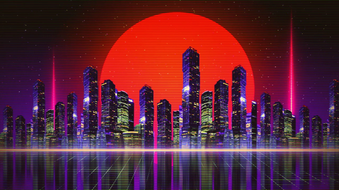 霓虹灯复古城市背景。未来城市八九十年代风格的合成波，赛博朋克，复古波，vhs故障，电脑游戏。