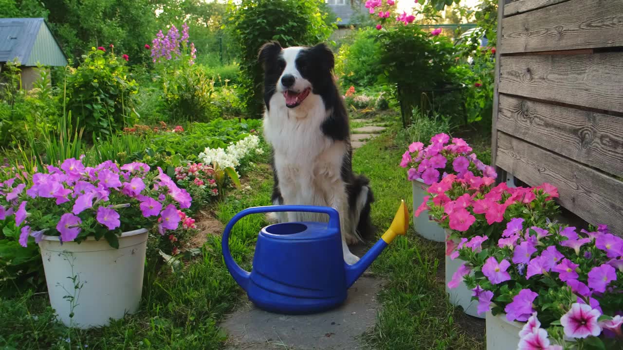 户外肖像可爱的狗边境牧羊犬与洒水罐在花园的背景。滑稽的小狗当园丁拿着灌溉用的水罐。园艺和农业的概念。