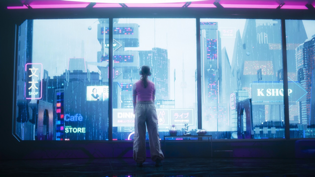 一個戴著耳機(jī)的時尚Cosplay模特的電影鏡頭，走向一個帶有霓虹燈的未來科幻城市的窗戶。在賽博朋克現(xiàn)實中享受窗外景色的年輕女性