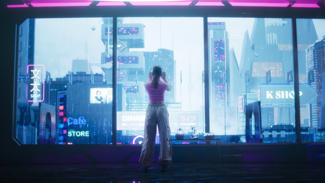 詳情圖-一個戴著耳機(jī)的時尚Cosplay模特的電影鏡頭，走向一個帶有霓虹燈的未來科幻城市的窗戶。在賽博朋克現(xiàn)實中享受窗外景色的年輕女性