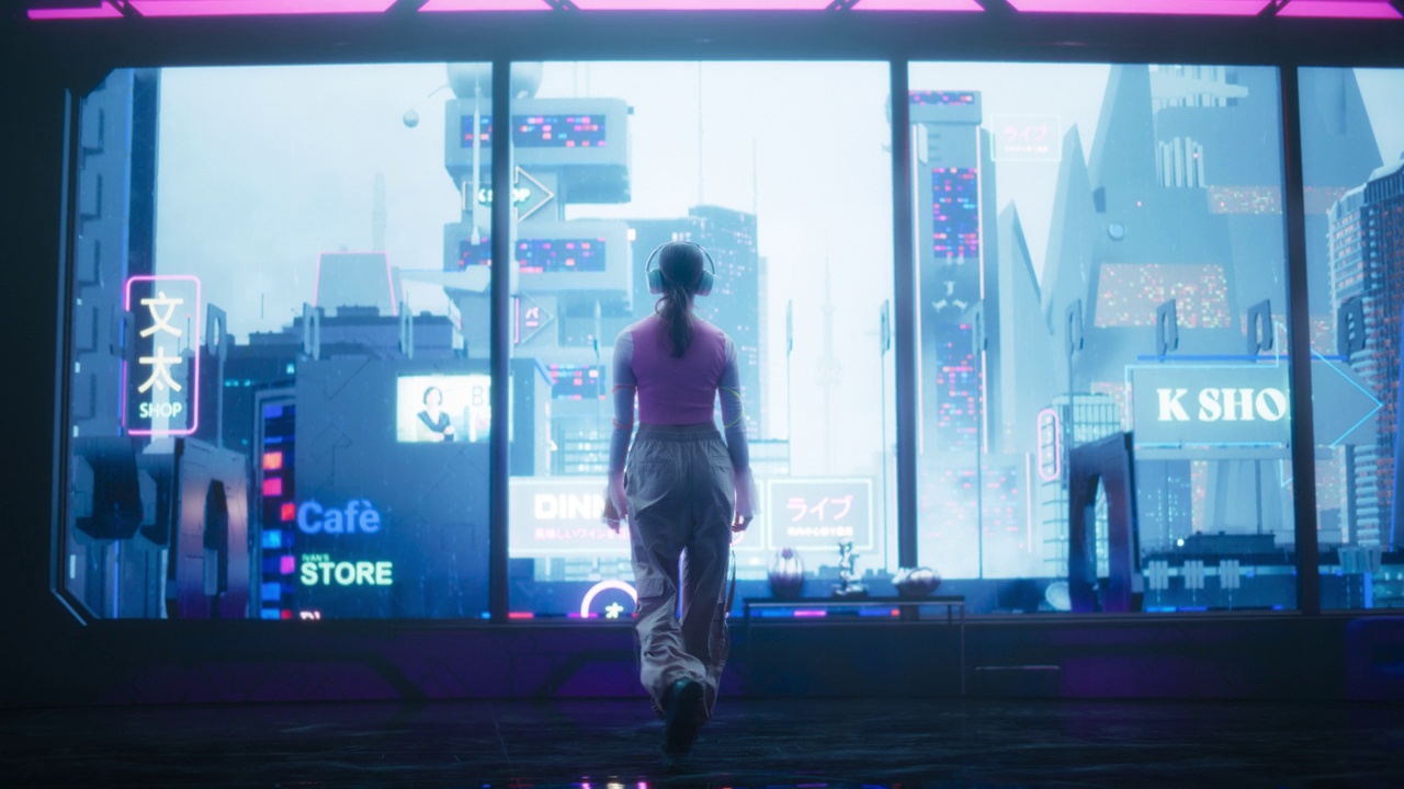 詳情圖-一個戴著耳機(jī)的時尚Cosplay模特的電影鏡頭，走向一個帶有霓虹燈的未來科幻城市的窗戶。在賽博朋克現(xiàn)實中享受窗外景色的年輕女性