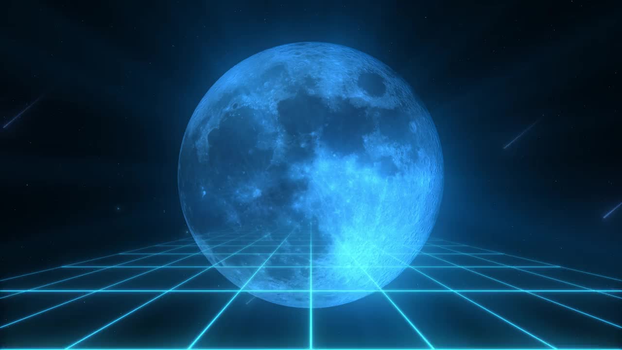 时尚复古未来的蓝色霓虹灯3d路到月球在星空的背景。3 d渲染。Retrowave VJ视频游戏景观，霓虹灯和低多边形地形网格。复古满月。无缝循环。