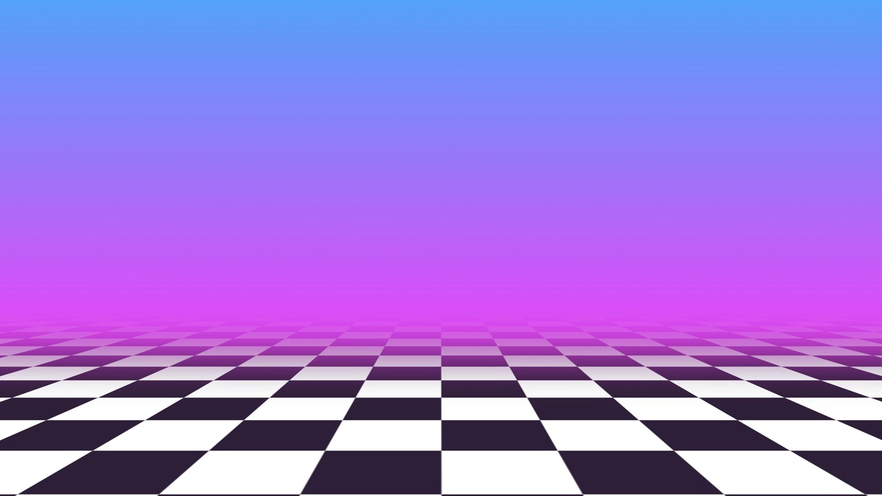 复古动画背景与黑色和白色方格地板，汽波美学，柔和的颜色。棋盘式循环。带有棋盘地板的超现实蒸汽波。复古风格复古背景