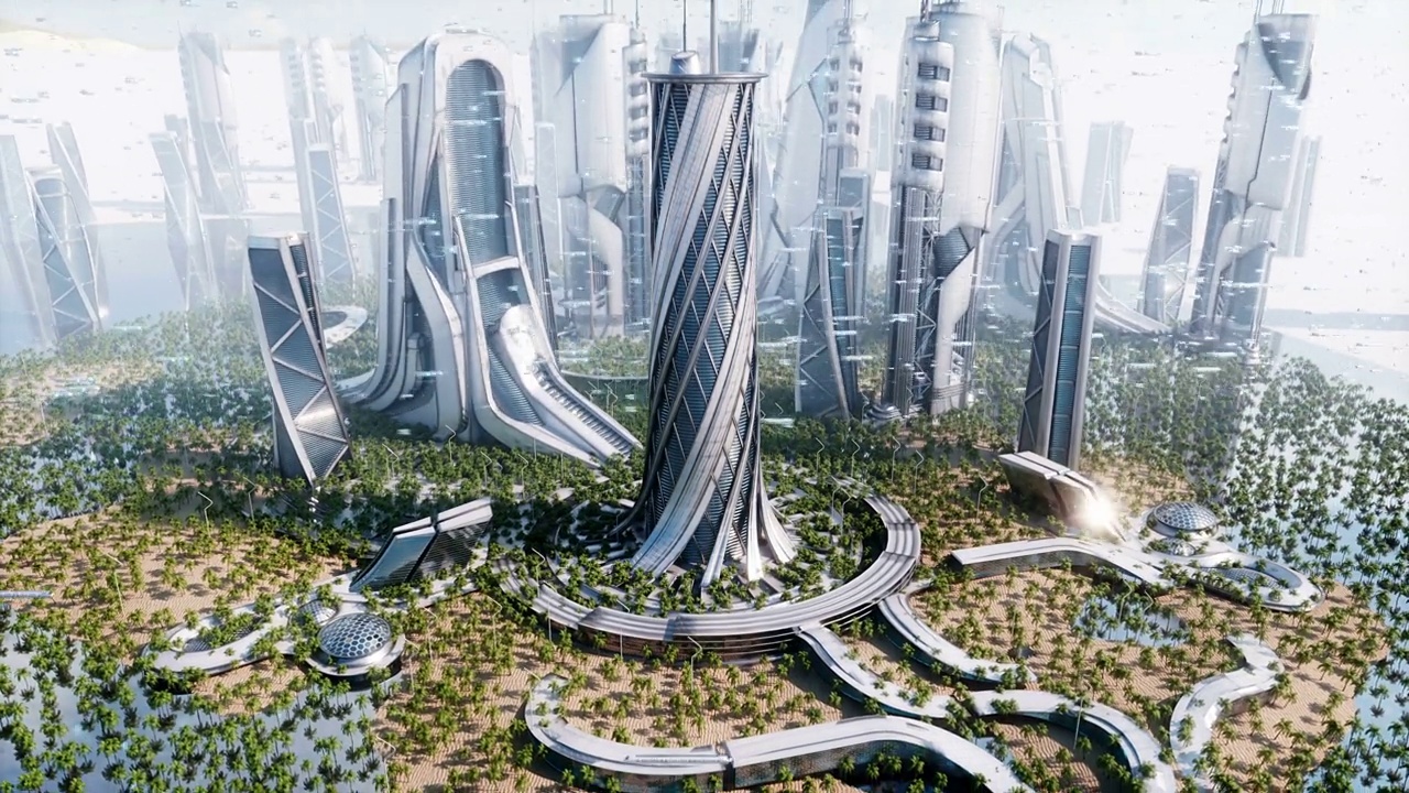 詳情圖-未來城市日。科幻建筑和建筑。未來的概念。逼真的4k動畫。