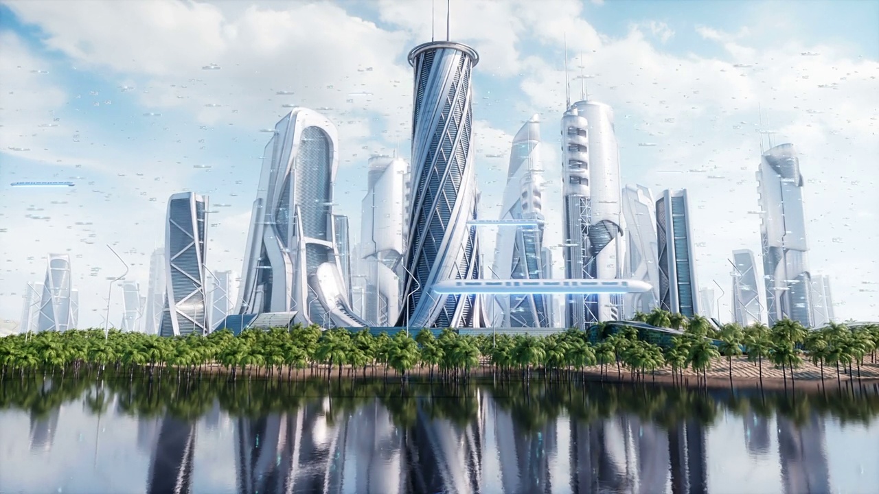 未来城市日。科幻建筑和建筑。未来的概念。逼真的4k动画。