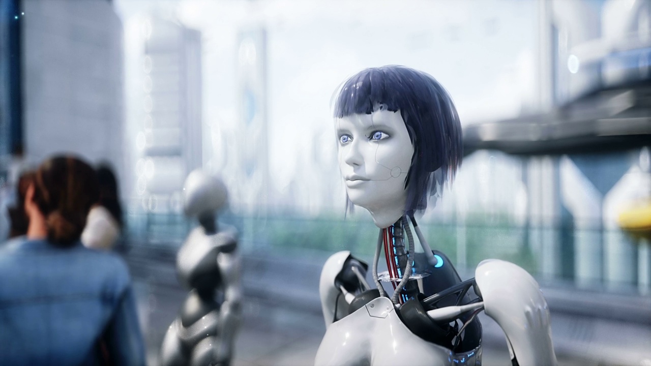 詳情圖-未來的城市。3d人和機(jī)器人。未來的概念。逼真的4k動(dòng)畫。