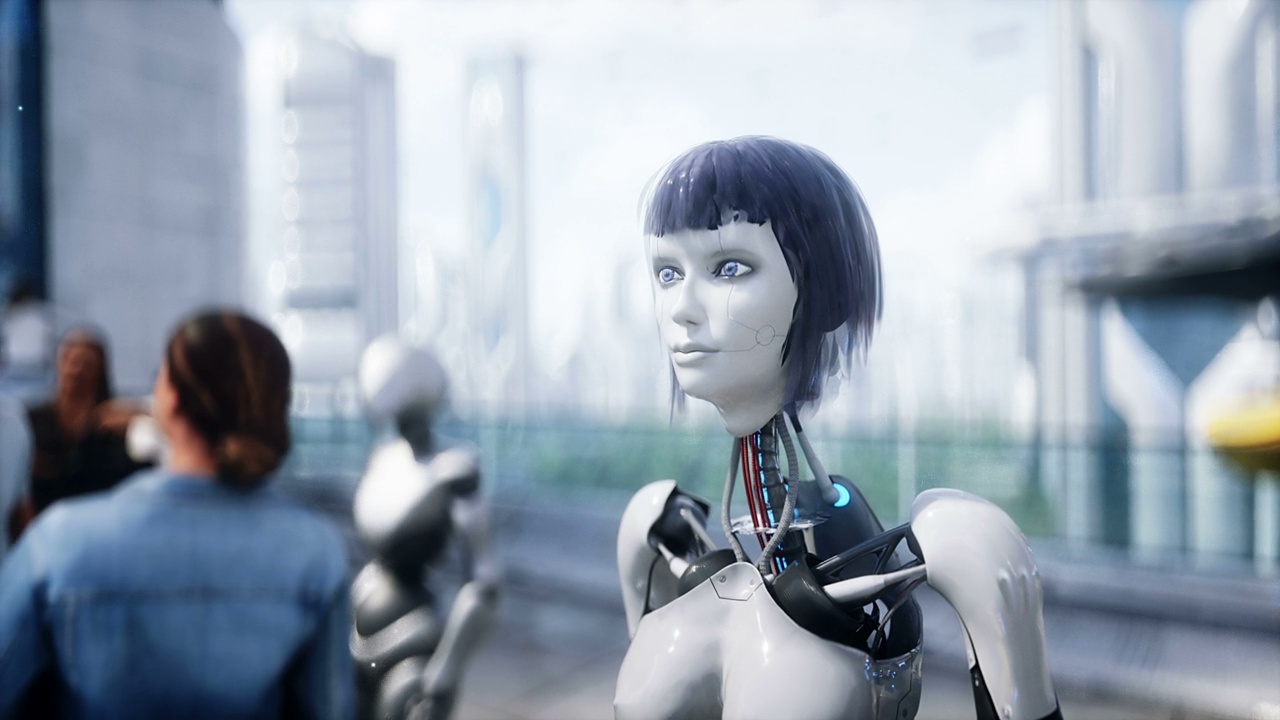 詳情圖-未來的城市。3d人和機(jī)器人。未來的概念。逼真的4k動(dòng)畫。