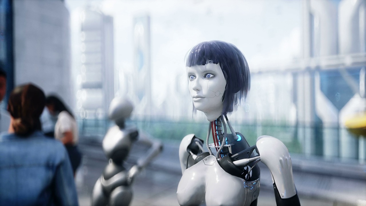 詳情圖-未來的城市。3d人和機(jī)器人。未來的概念。逼真的4k動(dòng)畫。