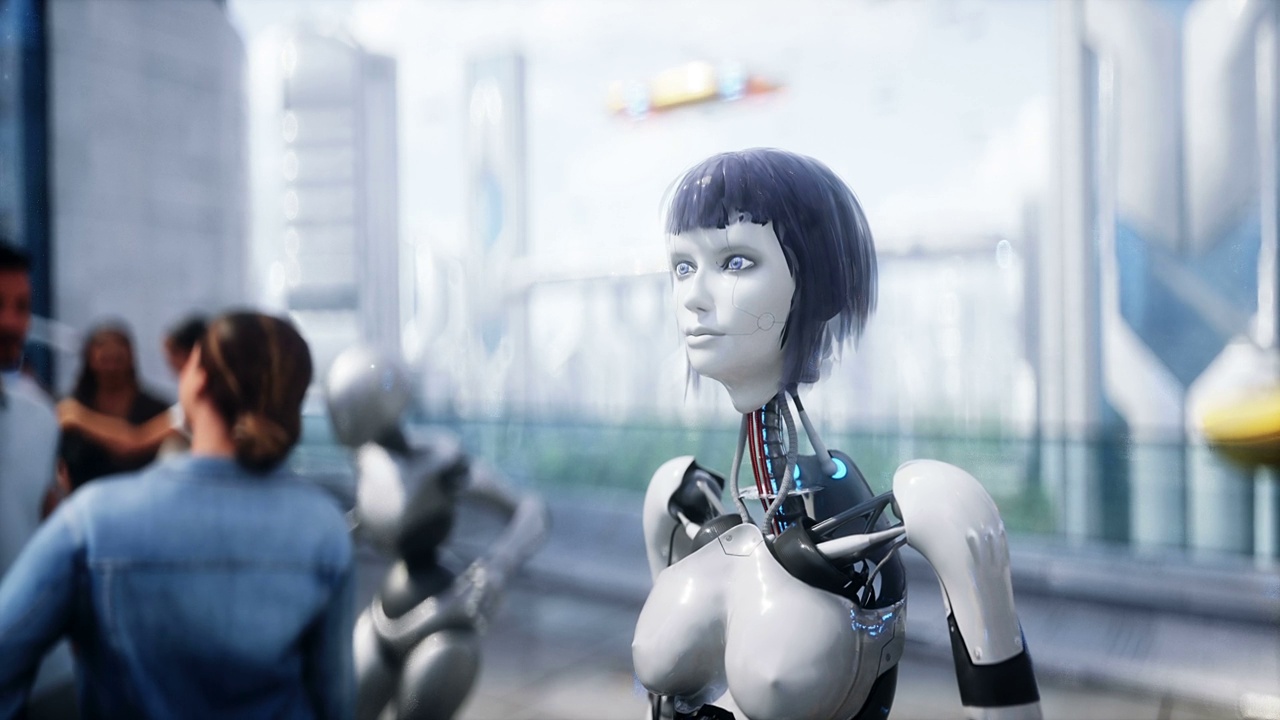 詳情圖-未來的城市。3d人和機(jī)器人。未來的概念。逼真的4k動(dòng)畫。