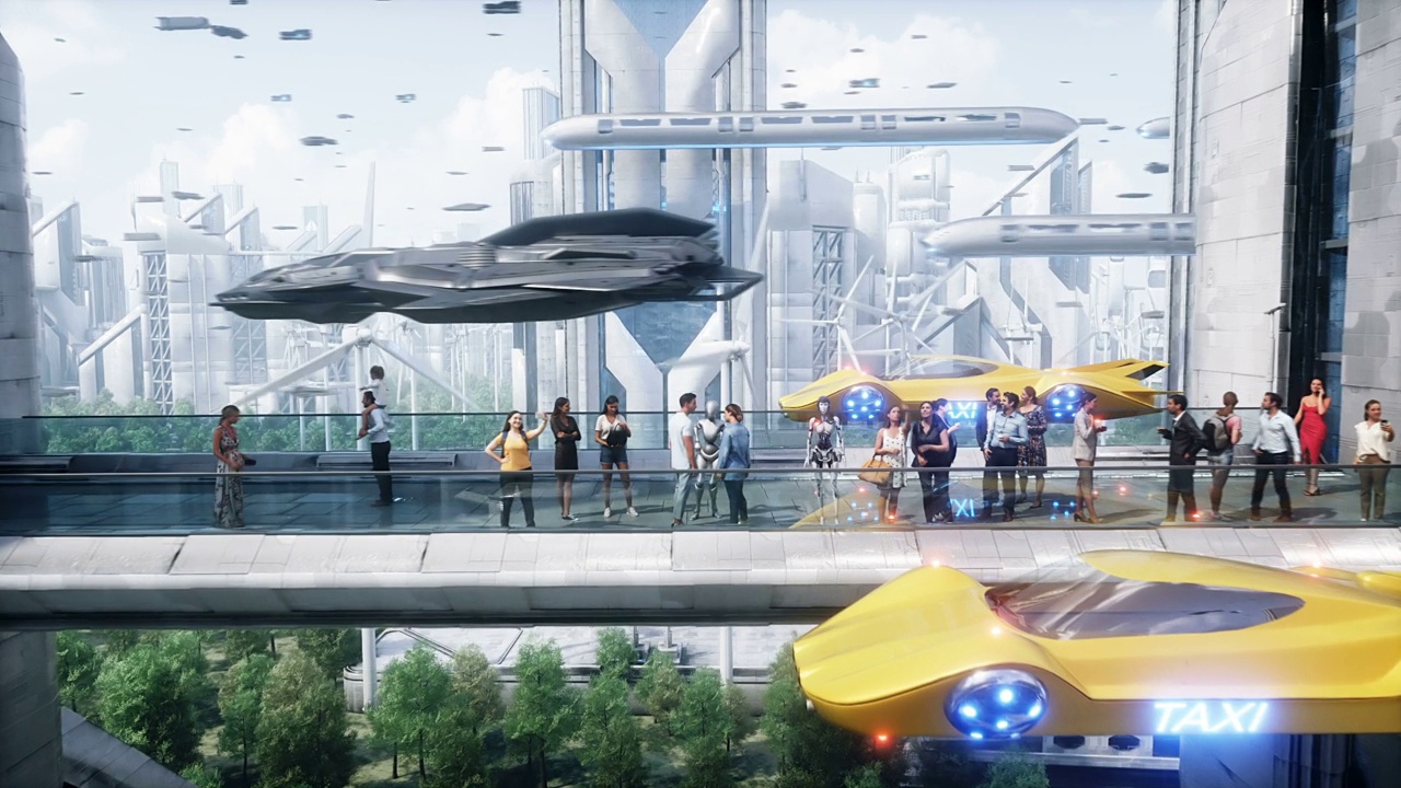 未來(lái)的城市。3d人和機(jī)器人。未來(lái)的概念。逼真的4k動(dòng)畫。
