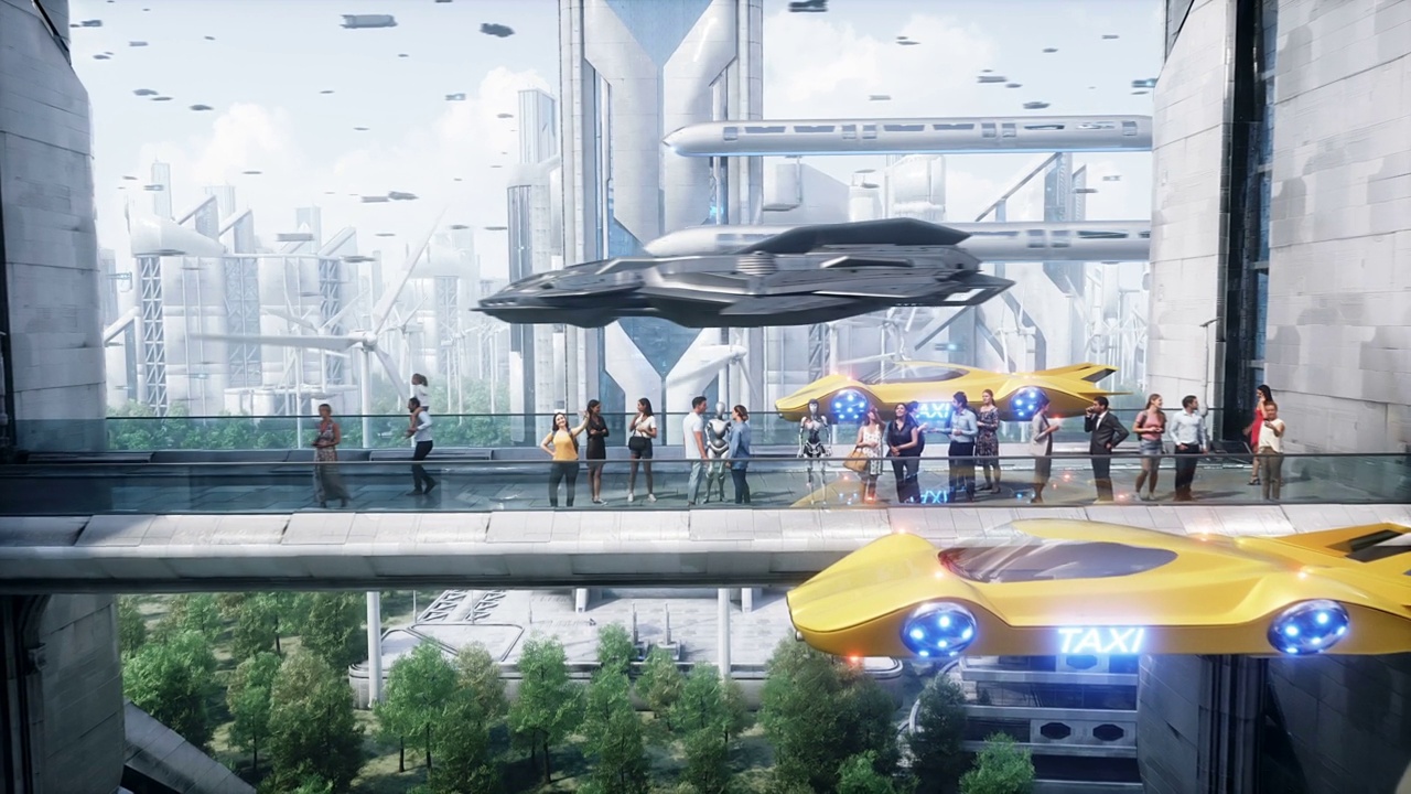 詳情圖-未來的城市。3d人和機器人。未來的概念。逼真的4k動畫。