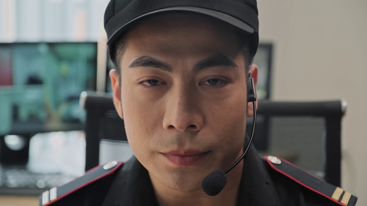 保安穿着制服，拿着麦克风看着摄像机