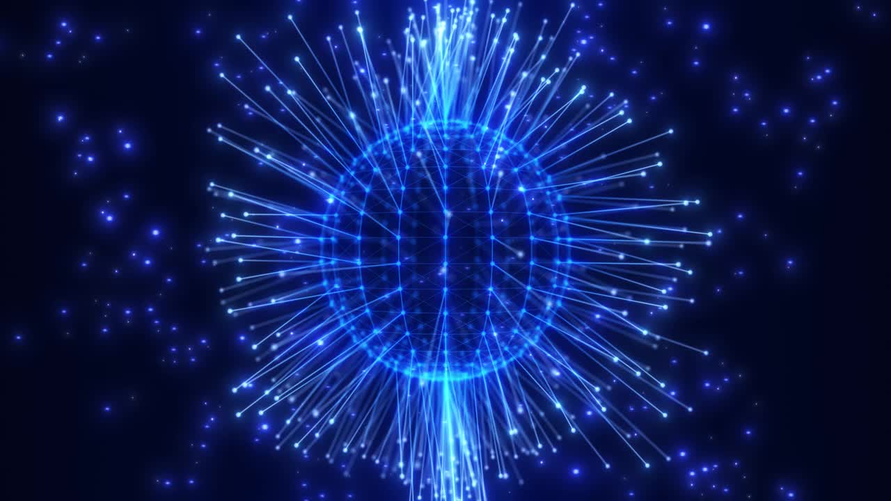 抽象能量丛球体，连接概念，大数据可视化，网络。技术背景与动画的数字线和点。无缝循环4k视频。屏幕保护程序