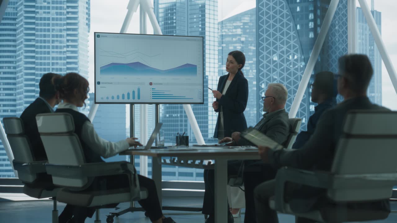 詳情圖-辦公室會(huì)議室演示:女商人演講，用電視屏幕展示公司增長(zhǎng)與大數(shù)據(jù)分析，圖表，圖表，信息圖表。電子商務(wù)經(jīng)營(yíng)理念。戲劇晚間編輯