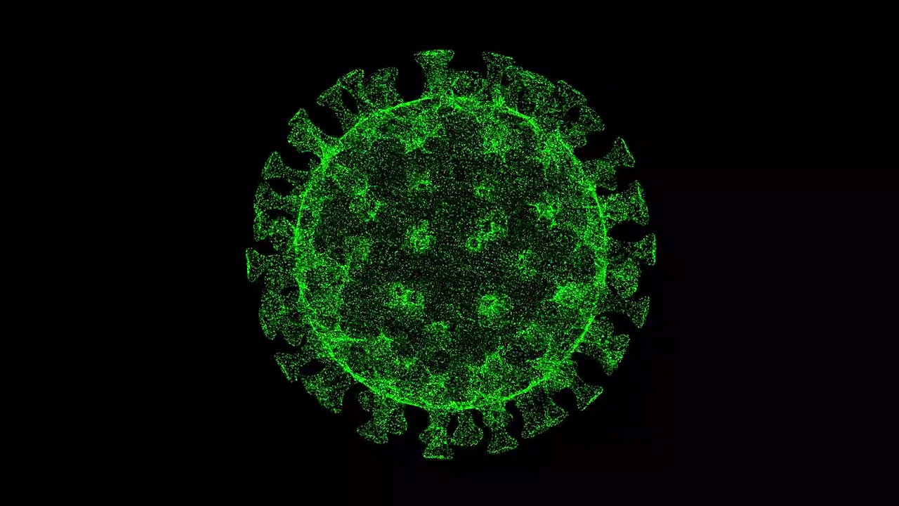 3D病毒在黑色背景上旋转。显微镜病毒近距离观察。医学概念。用于标题，文本，演示。3d动画60 FPS。