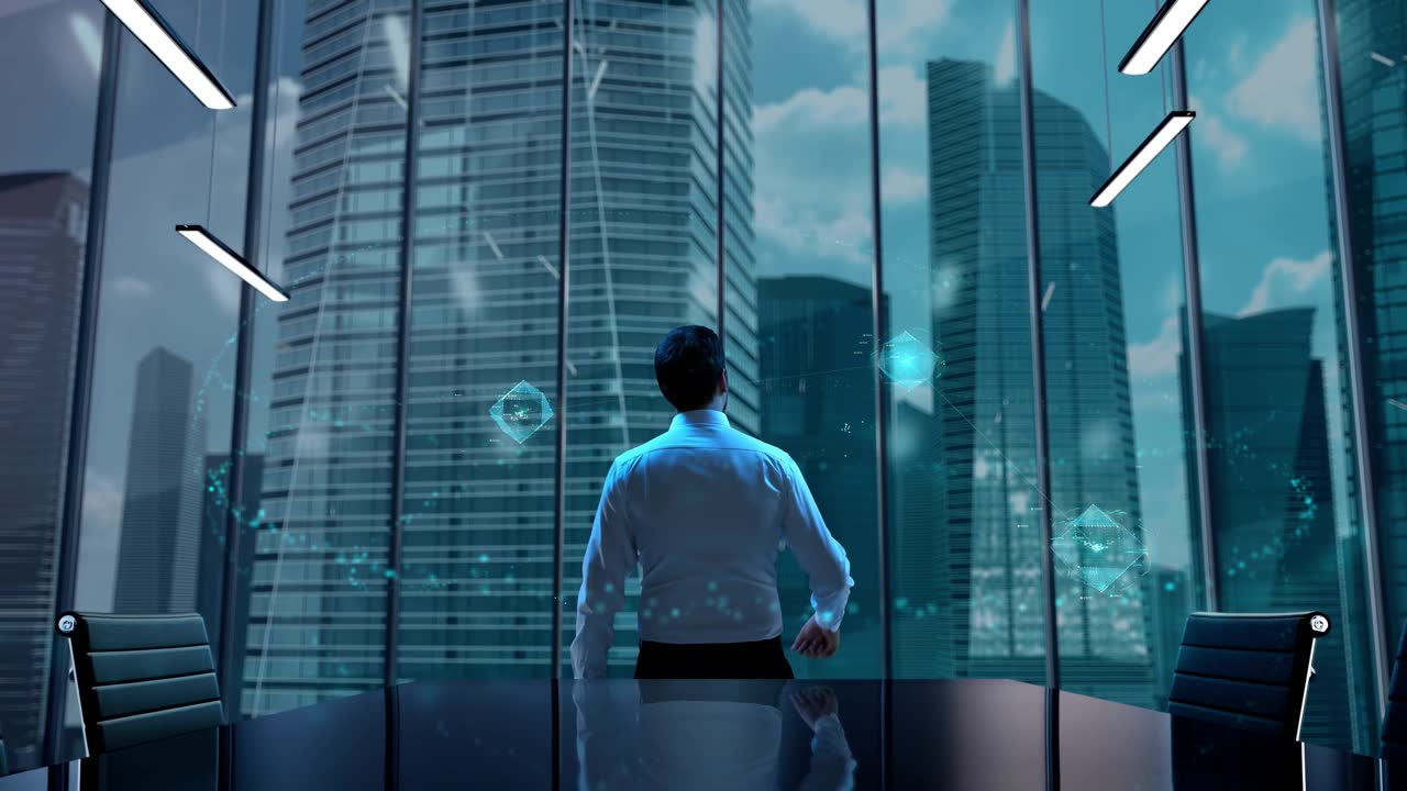 詳情圖-2029行動計劃。在摩天大樓間辦公的商人。全息圖的概念
