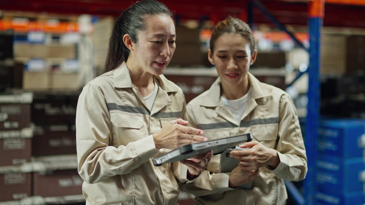 女库存经理向一名工人展示数字平板电脑信息，他们交谈并开始工作。在后台库存的包裹与产品准备发货。