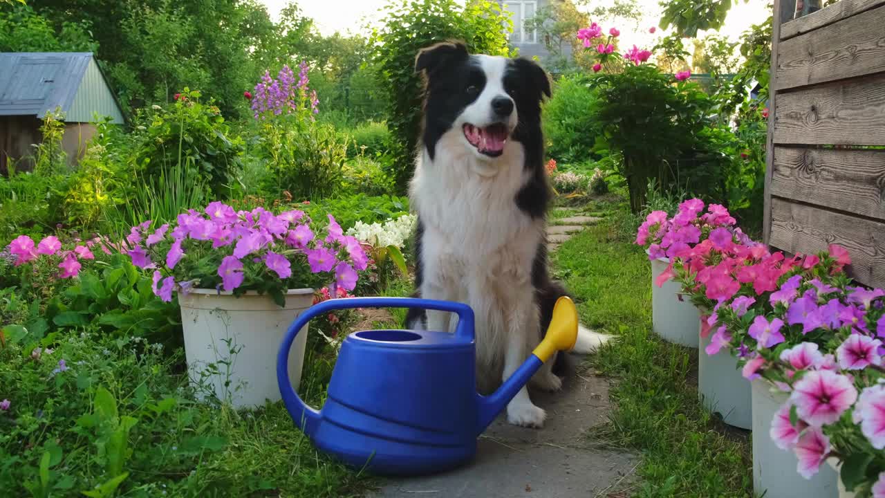 户外肖像可爱的狗边境牧羊犬持有在嘴浇水罐花园背景。滑稽的小狗当园丁拿着灌溉用的水罐。园艺和农业的概念。