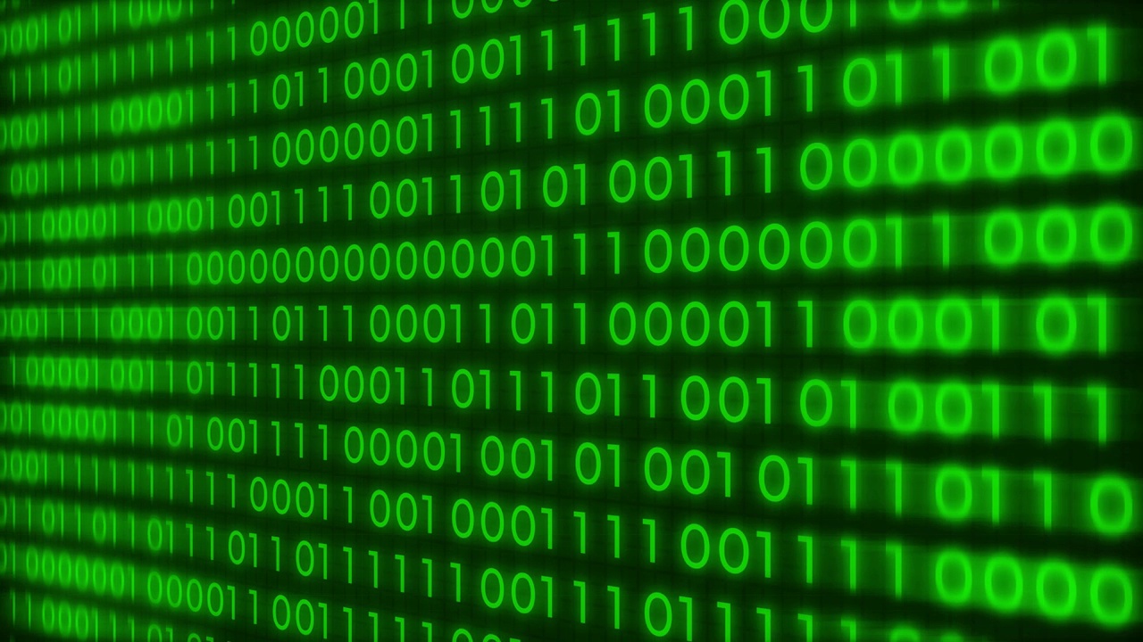 详情图-4K绿色二进制码电脑数字在屏幕上移动，数字串信息流大数据滚动。算法二进制，数据编码，解密和编码，行矩阵绿色。
